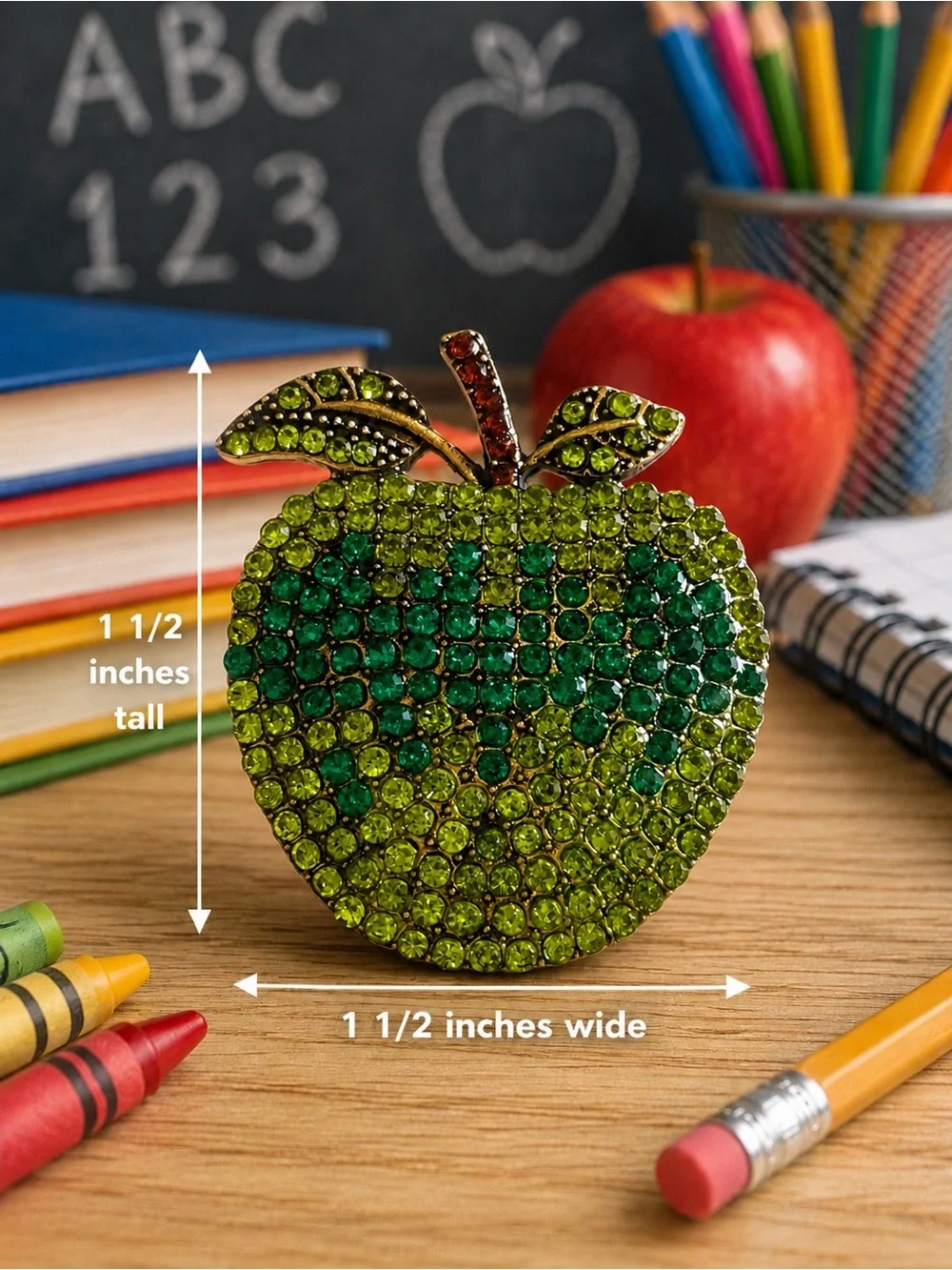 Sparkling green crystal apple accent brooch